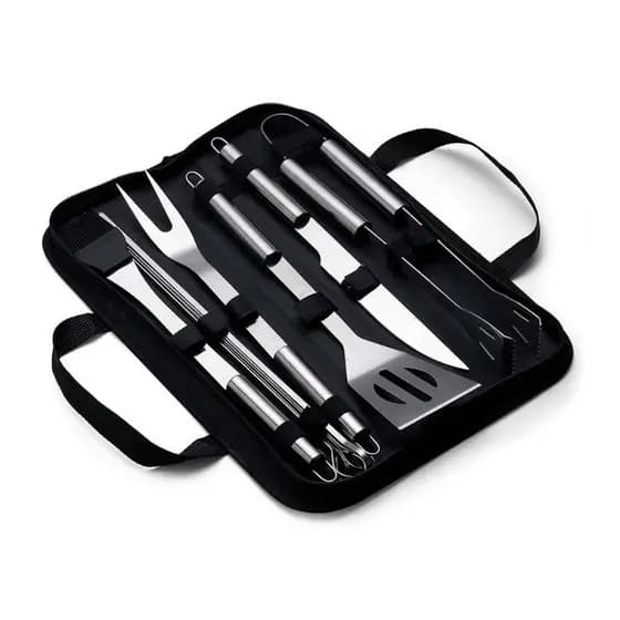 Kit Churrasco 9 Peças em Aço Inox com Estojo de Nylon – Completo com 4 Espetos, Faca, Garfo e Acessórios