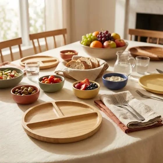 Prato Divisório Redondo de Bambu com 3 Compartimentos Cozinha e Mesa Natural petisqueira