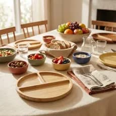 Prato Divisório Redondo de Bambu com 3 Compartimentos Cozinha e Mesa Natural petisqueira