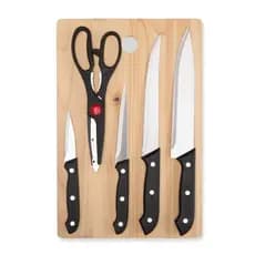 Kit Churrasco 6 Peças com Tábua de Madeira, 4 Facas e Tesoura Multiuso em Aço Inox