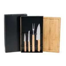 Kit Churrasco 5 Peças com Tábua de Bambu, Facas em Aço Inox e Garfo