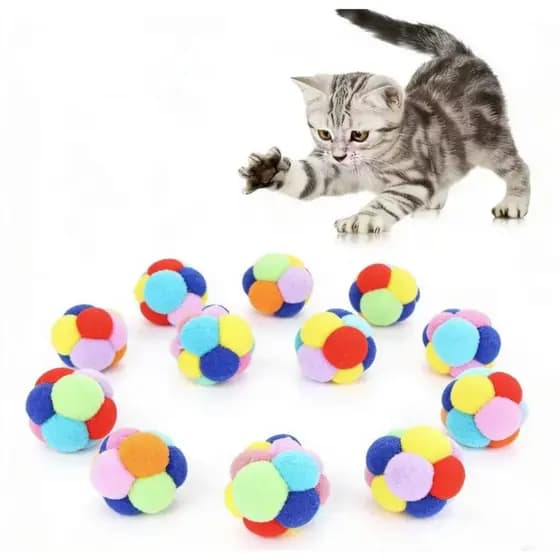 Kit 12 Pet Bolinhas Pompom Coloridas Pelúcia Interativo