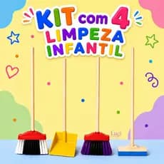 Kit Limpeza Infantil 4 Peças – Vassoura, Rodo e Pá para Crianças