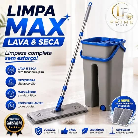 Mop Rodo Flat Esfregão LimpaMax Com Balde 2 Refis Rodo Mágico Lava & Seca Tira Pó Limpeza Profunda