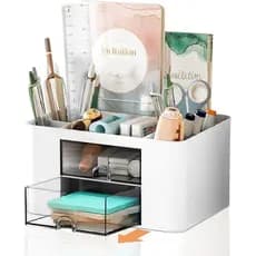 Organizador de Mesa com 7 Compartimentos e Gaveta – Organizador de Mesa Multifuncional de Plástico e Porta-Canetas para