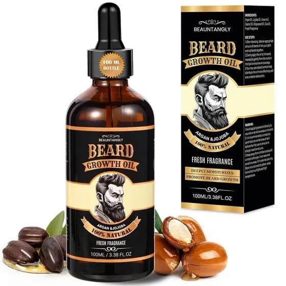 Óleo para Crescimento de Barba Masculina, 100% Puro, Contém Óleo de Argan, Óleo de Jojoba, Óleo de Rícino - 3.38FL/100