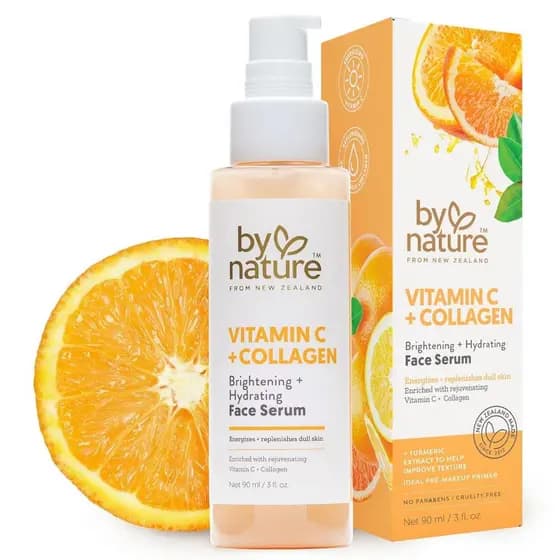 Sérum Facial de Vitamina C+Colágeno ByNature - Contém vitaminas C, colágeno e cúrcuma, que melhoram a textura da pele, r
