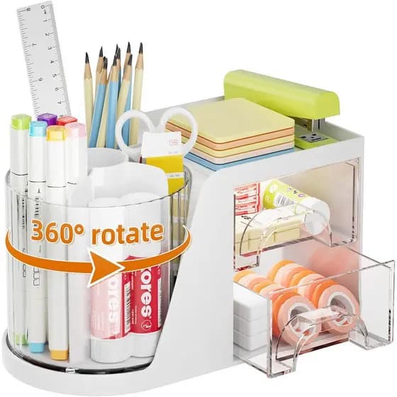 Organizador de Mesa Marbrasse com 2 Gavetas, 360 ° Suporte giratório para canetas, organizadores de mesa e acessórios co