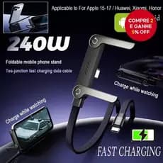 Preto Cabo Carregador Invisível 2 em 1 240W Super Rápido Duas Pontas Type-C Suporte Dobrável phones