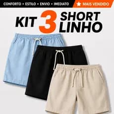 Kit 3 Shorts Masculino Linho Premium Mauricinho Casual Dia A Dia Verão Com Bolsos