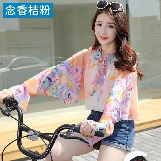 Protetor solar roupas femininas verão fino Chiffon camisa curto topo feminino ciclismo protetor solar xale feminino exte