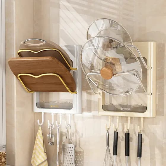 Rack de tampa de panela sem perfuração, prateleira de parede para cozinha, tábua de corte, rack de armazenamento, suprim