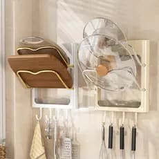 Rack de tampa de panela sem perfuração, prateleira de parede para cozinha, tábua de corte, rack de armazenamento, suprim