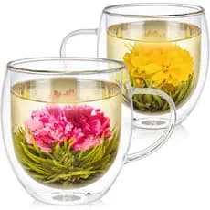 Copo de Vidro Borossilicato Isolado Extra Grande Teabloom (17 oz/500 ml) – O conjunto inclui 2 copos + 2 chás floridos –