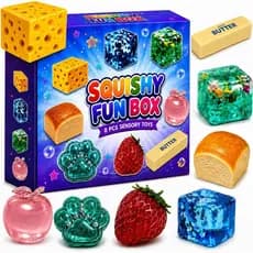 Pacote Divertido 8 em 1 de Squishies: Conjunto de Squishies de Comida com Formato de Queijo, Cubo de Gelo de Morango com