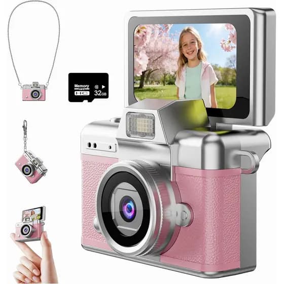 Mini Câmera Chaveiro, Câmera Digital 1080P com LCD de 1,47", Cartão TF de 32GB Incluído, Câmera Retro de Bolso para Cria
