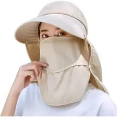 Chapéu de Sol Feminino com Aba Larga e Máscara Facial, Aba Removível para Pescoço e Rosto, Proteção UV, Chapéu com Visor