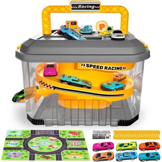 Conjunto de Pista de Corrida com Armazenamento para Carrinhos de Brinquedo - Inclui 12 Carrinhos Diecast, Tapete de Brin