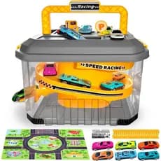 Conjunto de Pista de Corrida com Armazenamento para Carrinhos de Brinquedo - Inclui 12 Carrinhos Diecast, Tapete de Brin