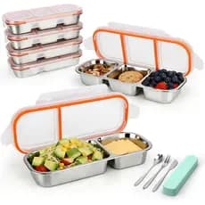Conjunto de 5 Peças de Caixas Bento em Aço Inoxidável – 2x Recipientes Reutilizáveis para Almoço com 3 Compartimentos e
