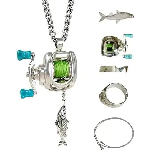 Colar com mini molinete de pesca, chaveiro com pingente de molinete de manivela giratória