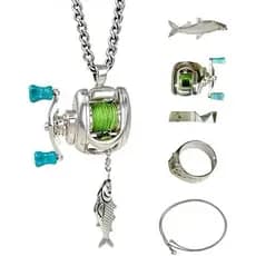 Colar com mini molinete de pesca, chaveiro com pingente de molinete de manivela giratória