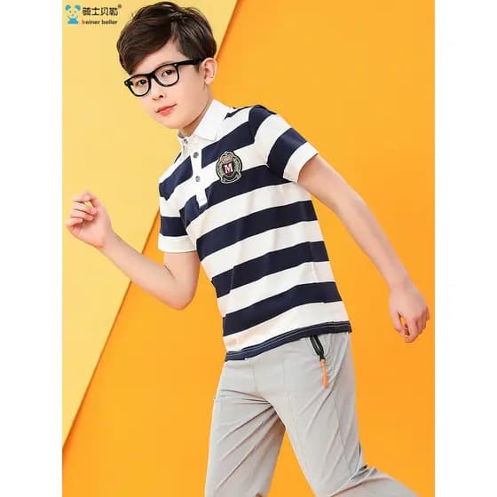 Roupas infantis médio grande camiseta infantil de manga curta verão novo estilo camisa de fundo listrada infantil menino