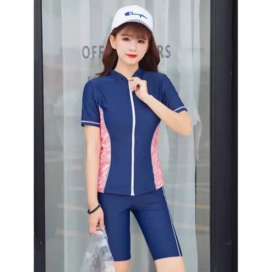 Maiô feminino dividido conservador estilo esportivo capa barriga mais magro olhar de manga curta zíper Boxer Shorts de s