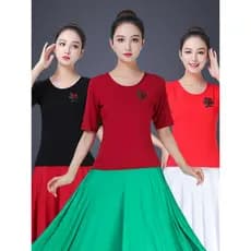 Traje de dança quadrada manga curta em torno do pescoço topo novo estilo camiseta roupas de dança dança manga média Moda