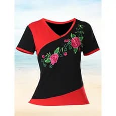 Traje de dança quadrada verão novo estilo com decote em V bordado roupas de dança estilo étnico manga curta topos tamanh