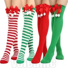 Meias Listradas De Natal Até A Coxa Com Bola De Arco-Femininas Acima Do Joelho-Elástico Macio Longas Verdes Vermelhas Ja