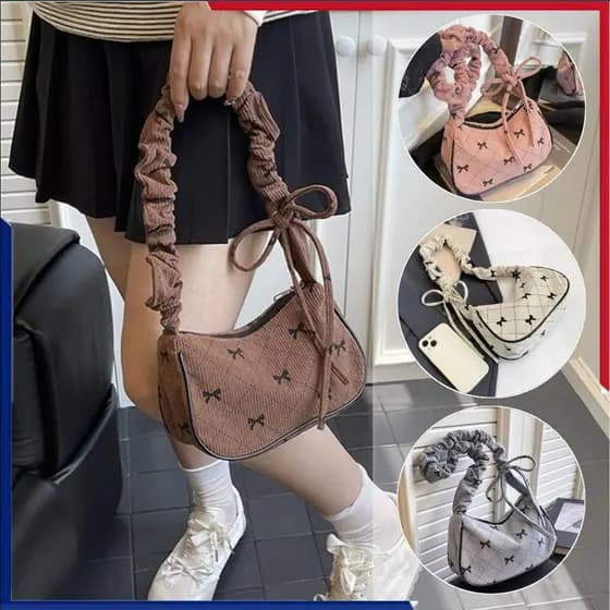 Bolsa Transversal Feminina De Veludo Cotelê Com Design De Gravata Borboleta, Bolsa De Ombro Leve Para Uso Diário,