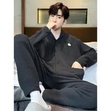 Pijamas de lã de meio lado masculino inverno quente engrossado velo Coral velo outono inverno masculino Homewear terno