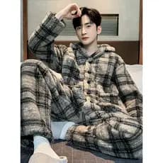 Pijamas masculinos outono inverno estilo inverno Coral velo forro engrossado quente flanela Loungewear inverno masculino
