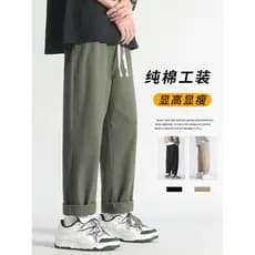 Macacão de algodão puro masculino primavera outono calças casuais outono tornozelo comprimento calças retas exército ver
