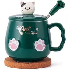 Caneca de Cerâmica Fofa Bgbg Cat com Tampa de Gatinho Adorável, Colher em Forma de Pata Kawaii, Porta-Copos de Anime, Pr
