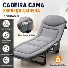 Cadeira Cama Dobrável Reclinável 170cm, Descanso Adulto, 5 Posições Escritório Camping Sem Montagem