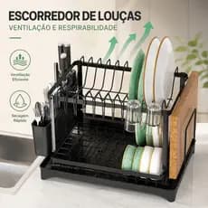 Escorredor De Pratos Multifuncional Preto Em Aço Inoxidável , 2 Camadas com Porta Copos e Talheres