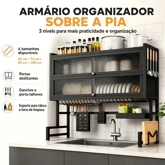 Prateleira Para Pia De Cozinha 3 Camadas Escorredor Louça Suspenso Organizador De Pia 65/75/85/105CM