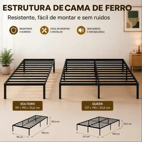 Cama de Solteiro e Casal Estrado de Metal Dobrável, Fácil de Montagem, Ripas de Aço Antiderrapante