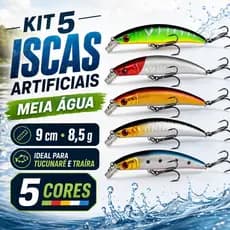 Kit Isca Artificial Meia Água e Popper 8.5cm 8,5g Olhos 3D para Tucunaré Traíra Robalo Dourado