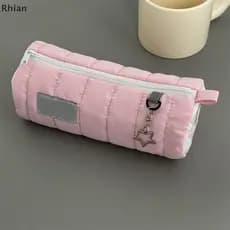 [Rhian] Rosa Toalha Rolo Lápis Caso Soft Armazenamento De Caneta Bolsa Cosméticos Desenho Animado Grande Capacidade Pape