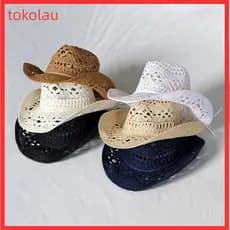 Chapéu De Palha Tokolau Ventilado Oco Redondo Dobrável Praia De Cowboy Ocidental Adereços Fotográficos