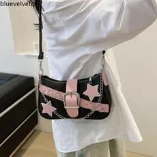 BLUEVELVETQW Bolsa de ombro Y2k, bolsa de mão em jeans estilo coreano, com padrões de corrente e estrelas.   HYJA ZKXO