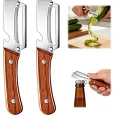 2 Peças Descascador de Legumes Multifuncional para Cozinha, Descascador de Legumes Premium com Cabo de Madeira e Abridor