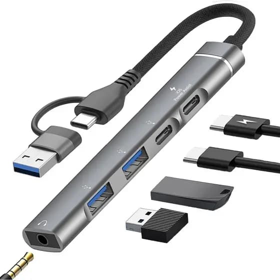 Hub USB C, Hub USB 3.0 com Conector Auxiliar para Fones de Ouvido de 3,5 mm, Adaptador USB C para USB 5 em 1, Divisor US