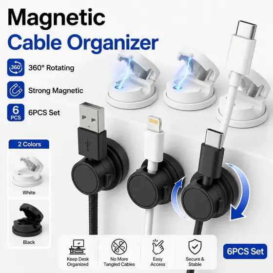OPELLIA Organizador de Cabos Magnético 360° Kit com 6 Suporte Adesivo para Cabos Clipe Organizador de Fios
