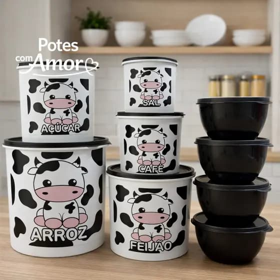 Kit organizador de cozinha com 9 potes de plástico decorado