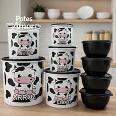 Kit organizador de cozinha com 9 potes de plástico decorado