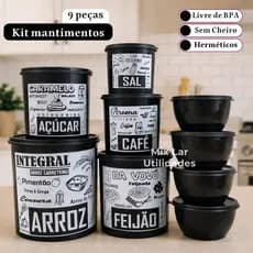 Kit 9 potes para mantimentos de cozinha de plástico decorado